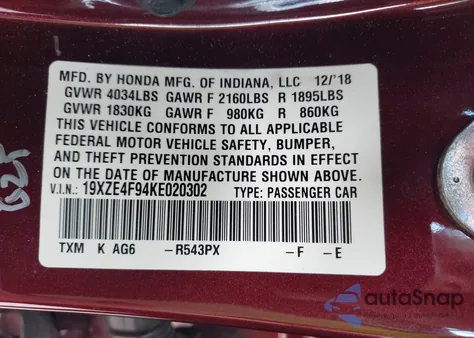 2019 Honda Insight Touring from USA, damaged, VIN 19XZE4F94KE020302